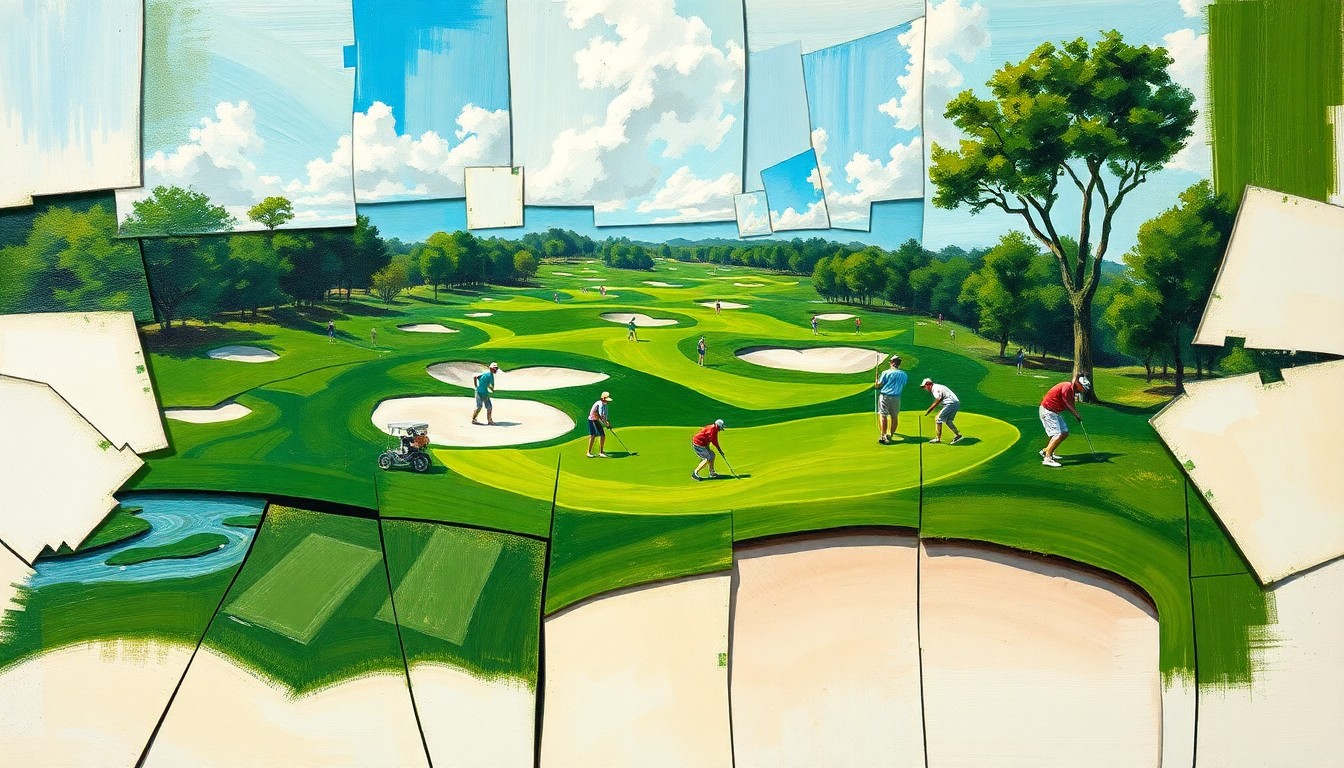 A fragmented, geometric painting depicting a high school golf tournament, with overlapping planes of green fairways, sand traps, and golfers in motion, capturing the energy and excitement of the regional competition.
