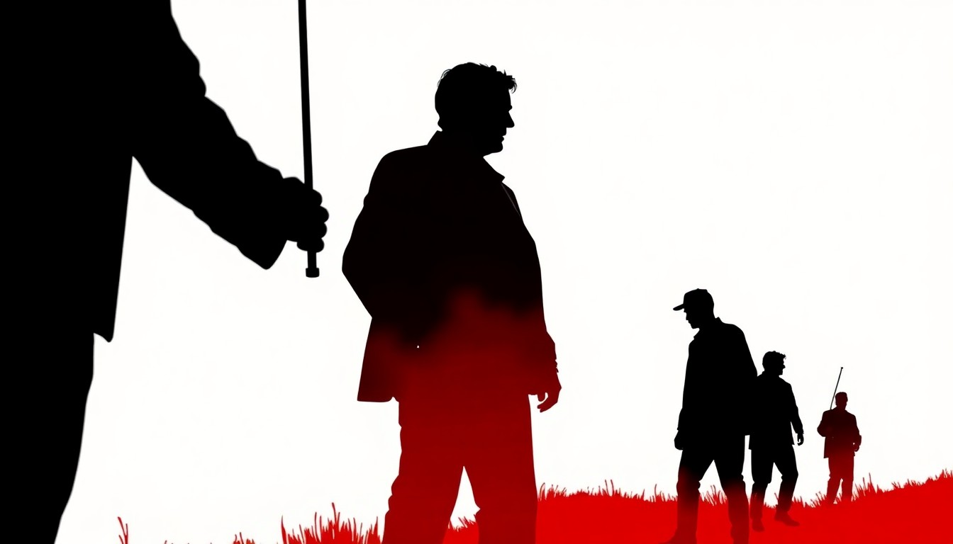 A minimalist, graphic composition of bold black shapes and solid red and white colors, conceptually representing an actor's return to his Midwestern roots.