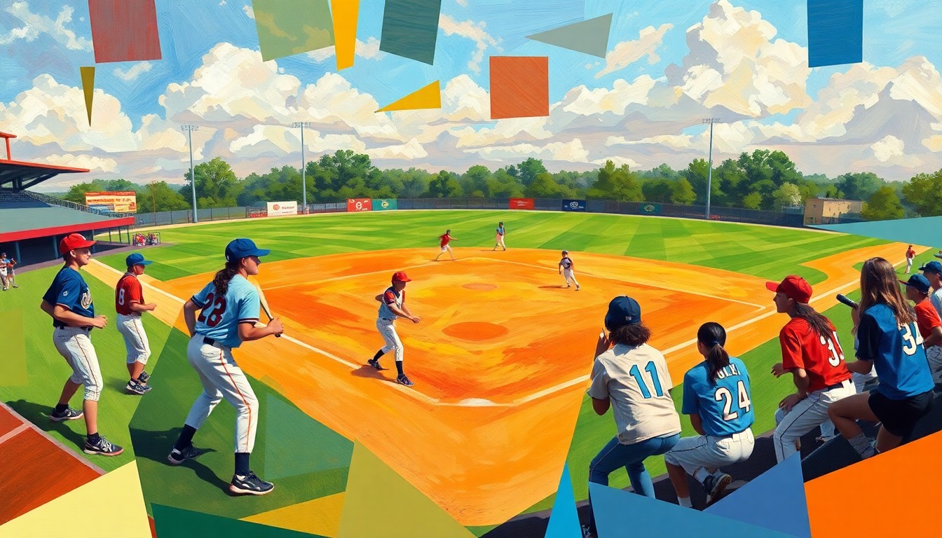 A cubist, geometric painting depicting the dynamic action of a high school softball game, with fragmented shapes and vibrant colors representing the players, field, and energy of the sport.