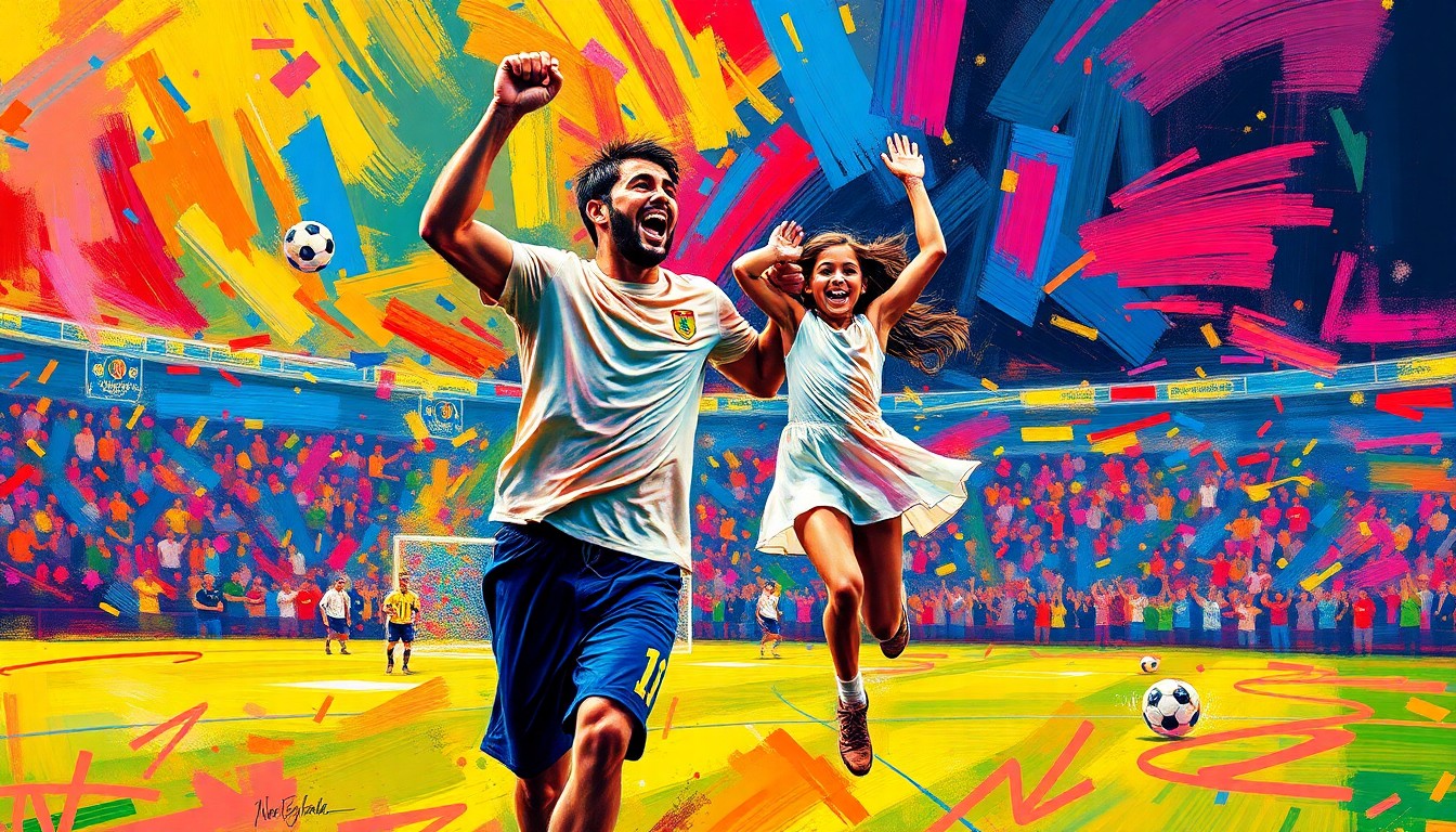 An abstract, energetic painting in bright neon colors depicting the dynamic motion and raw emotion of a father and daughter celebrating a championship victory on a soccer field.