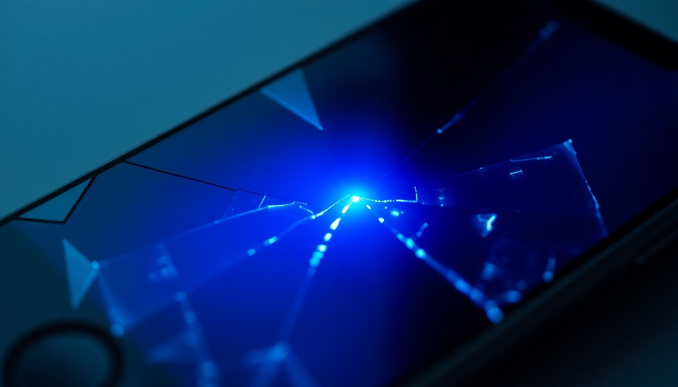 An extreme close-up of a shattered smartphone screen reflecting a faint blue light, conceptually representing the digital evidence of a cybercrime.