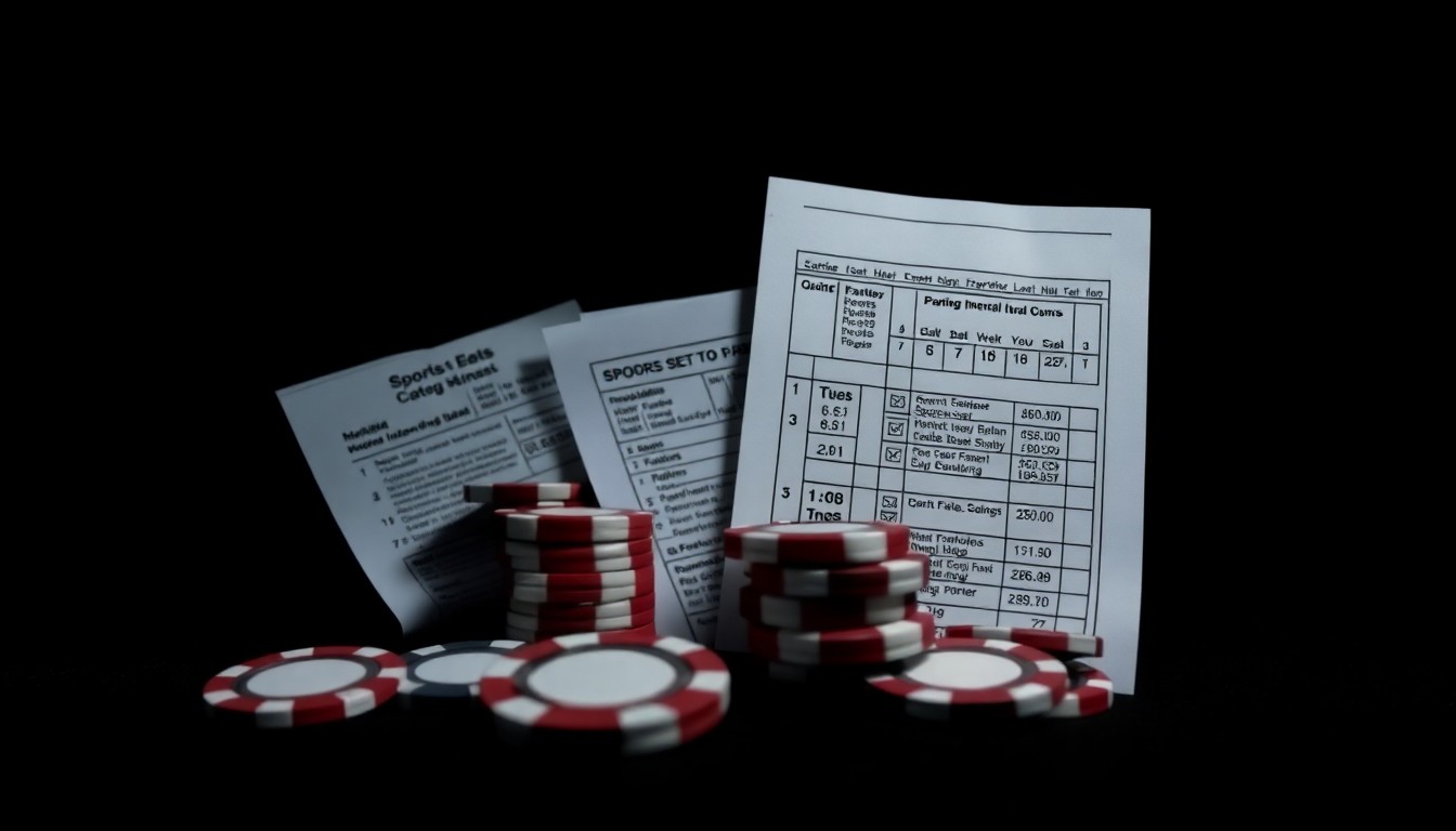 An extreme close-up photograph of crumpled sports betting slips and casino chips, creating a stark, gritty visual that conceptually represents the illegal nature of the bookmaking operation.