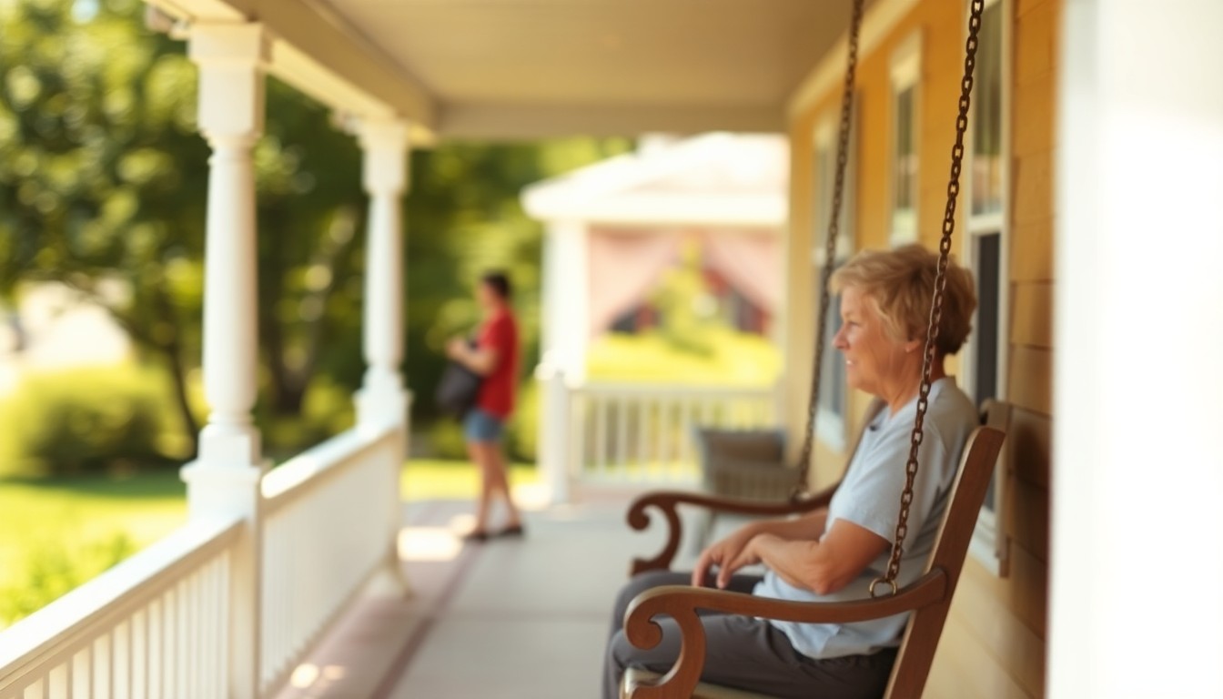 An extremely abstracted, out-of-focus photograph in soft, warm tones depicting a porch swing on a sunny day, conceptually representing the peaceful, community-oriented life that Shorty Hiller enjoyed.