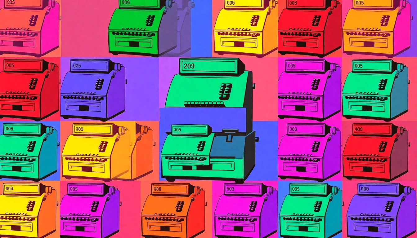 A vibrant, abstract silkscreen print featuring a repeating pattern of a vintage cash register in bold neon colors, conceptually representing the energy and purpose of a community thrift store.
