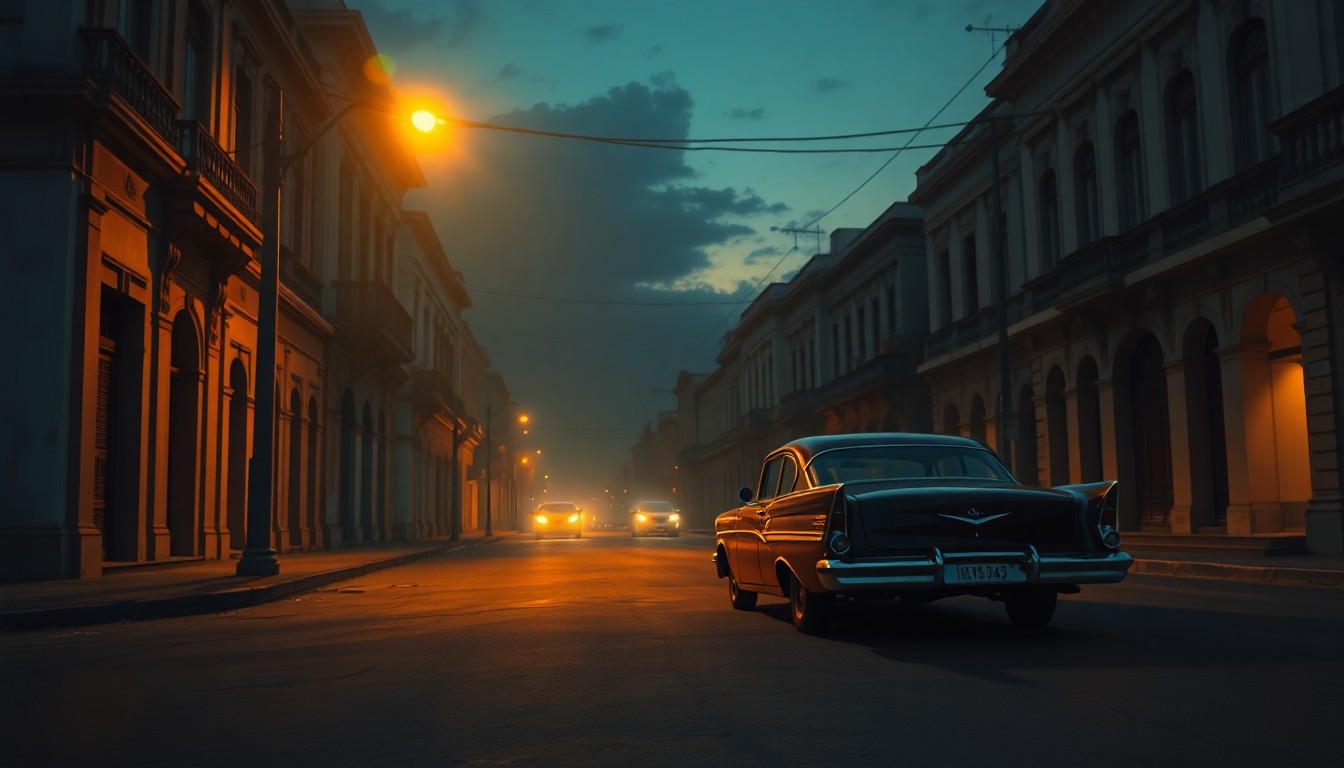 A dimly lit, cinematic painting of an empty Havana street at dusk, with a lone vintage American car parked under a flickering streetlight. The scene is bathed in warm, diagonal sunlight and deep shadows, capturing a sense of political tension and uncertainty.