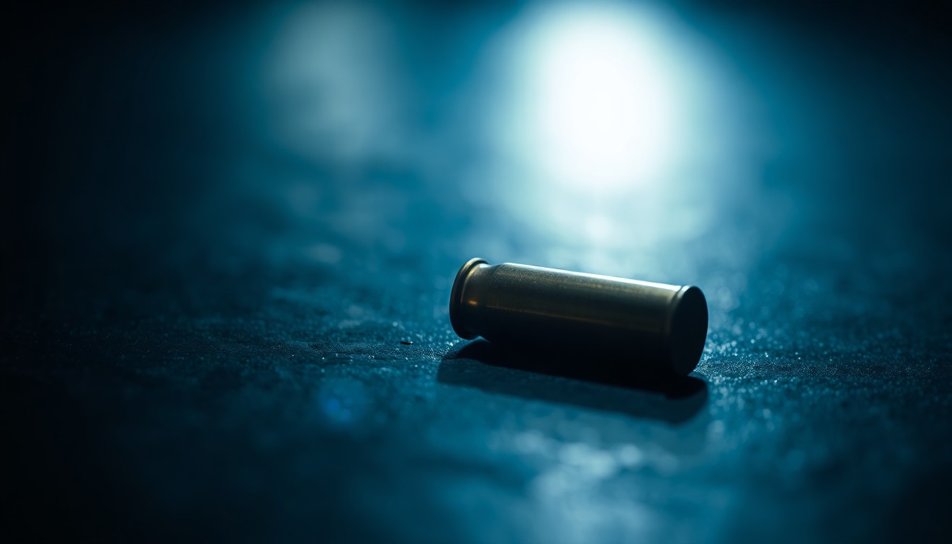 An extreme close-up photograph of a single spent shell casing on a dark surface, lit by a harsh, direct camera flash, conceptually representing the physical evidence from a violent crime.