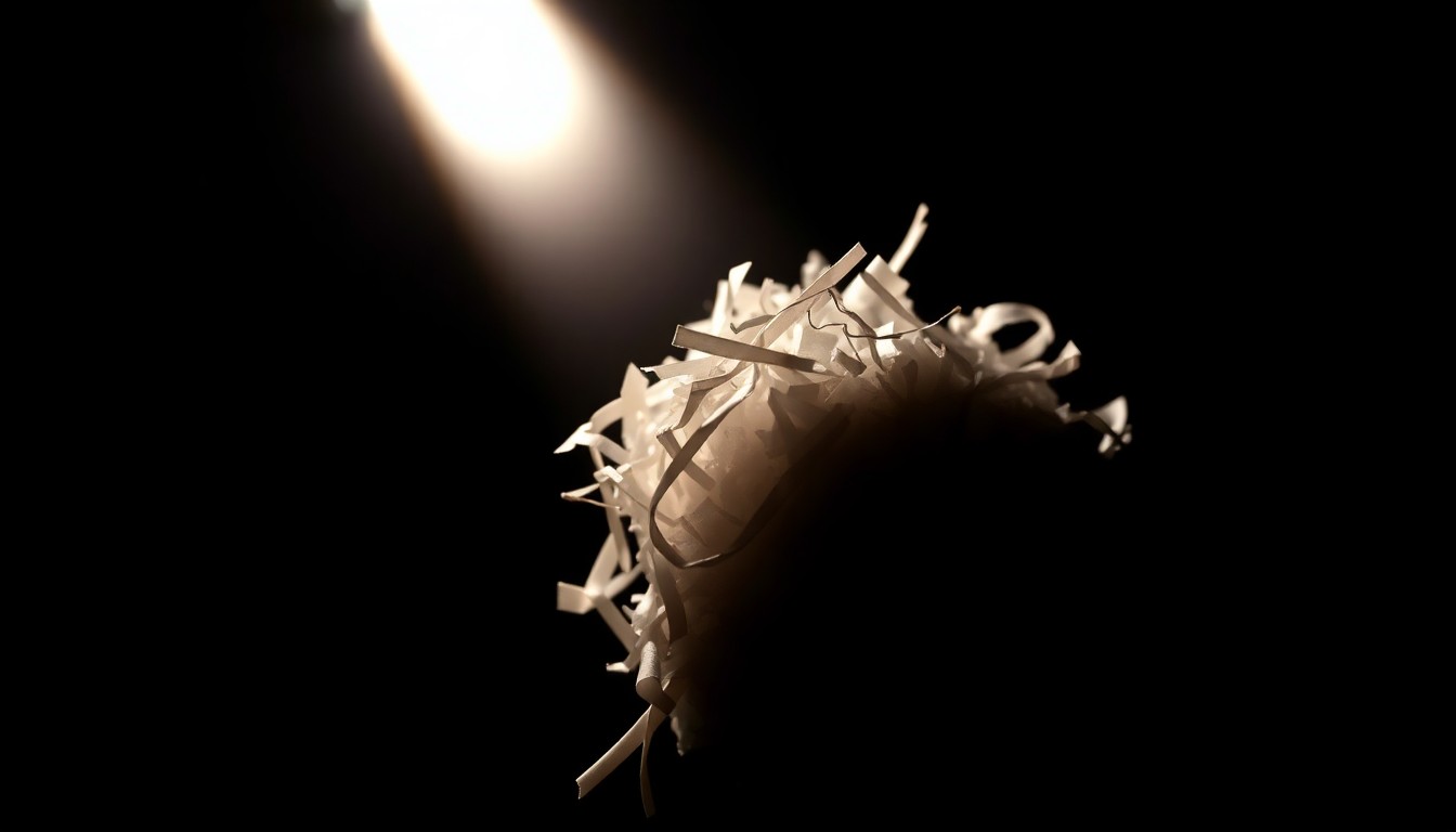 An extreme close-up photograph of crumpled financial documents lit by a stark, direct camera flash, conceptually representing the fraud and theft that nearly cost a Boston company its hard-earned success.