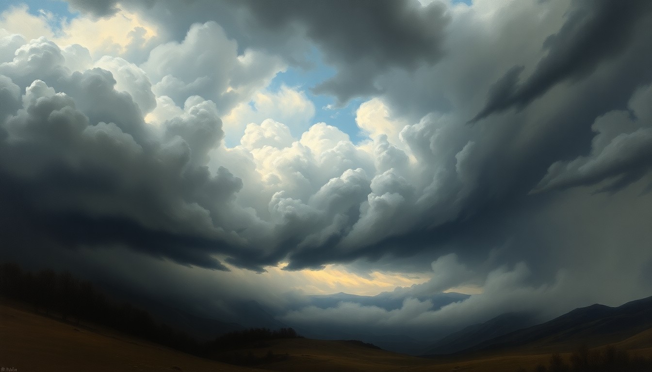 A sweeping, atmospheric landscape painting in muted tones of grey, blue, and white, depicting a turbulent, stormy sky with heavy rain obscuring the horizon, conveying the overwhelming scale and power of nature.