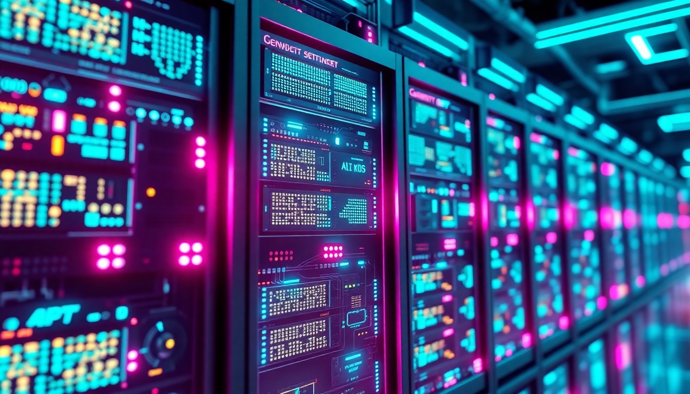 A highly detailed, glowing 3D illustration of a futuristic AI server rack, with neon cyan and magenta lights illuminating the complex digital infrastructure, conceptually representing the technological upheaval in the tech industry.