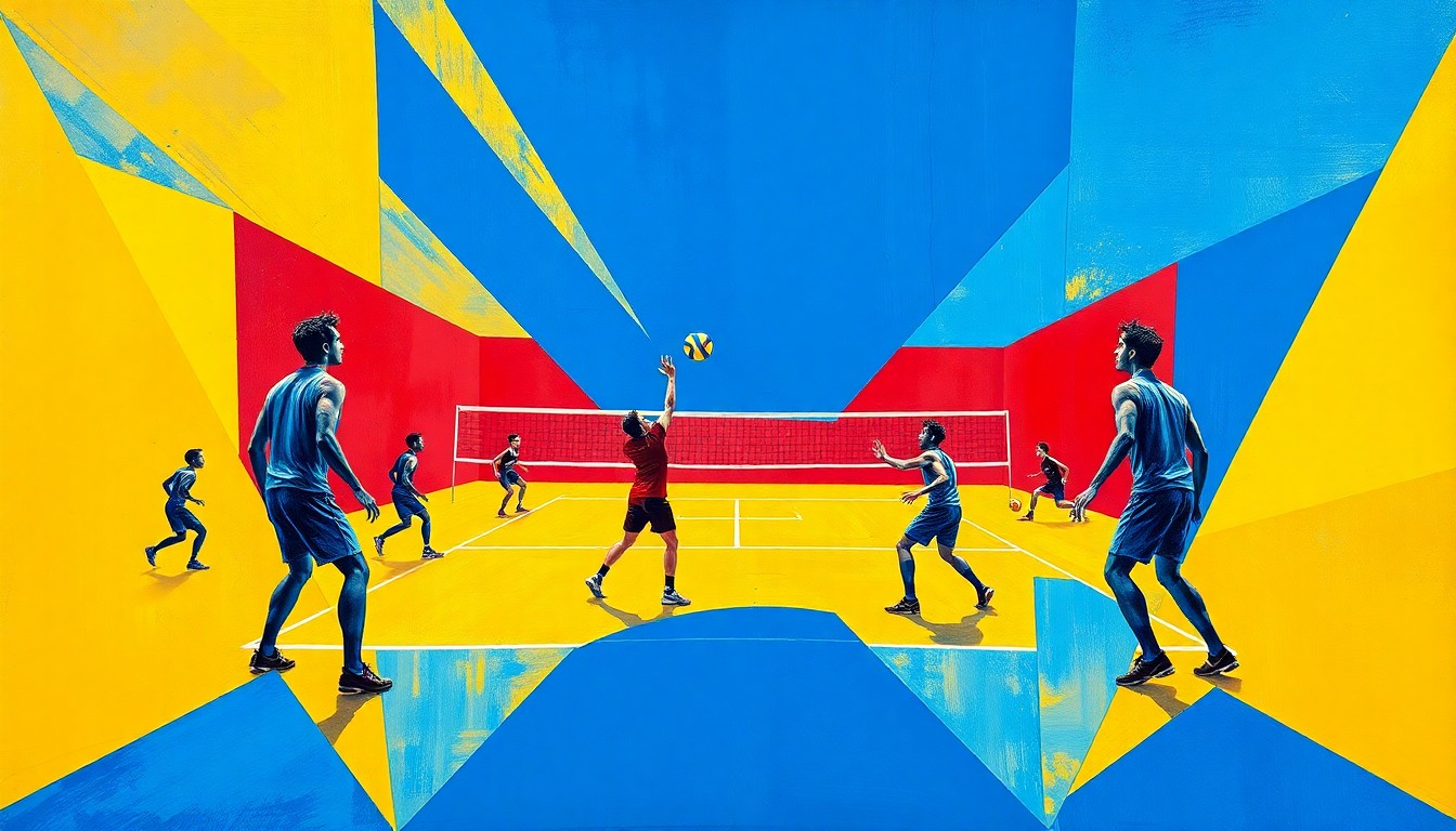 A fragmented, geometric painting in bold primary colors depicts the action and energy of a men's volleyball game, with players and the court deconstructed into sharp, overlapping shapes.