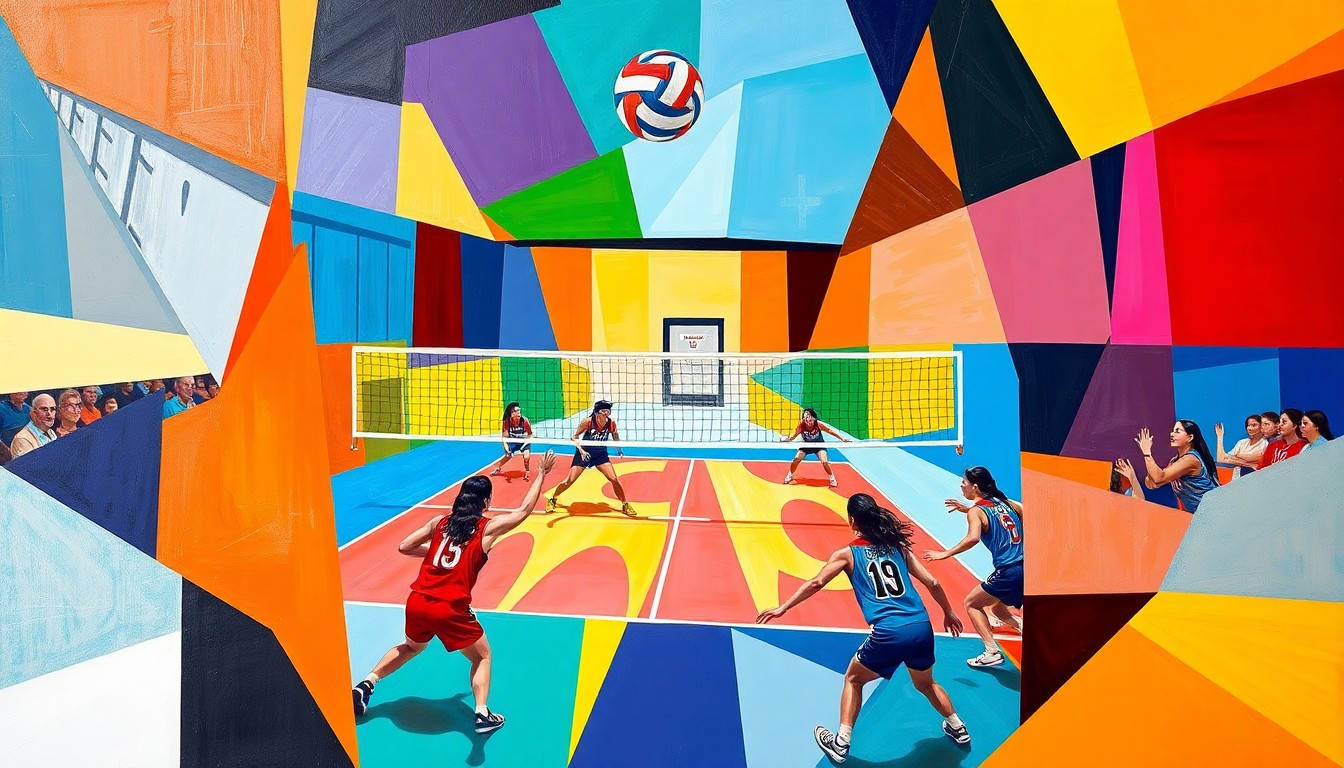A fractured, multi-perspective painting featuring overlapping geometric shapes and planes in the team colors of Salt Lake and Austin, conceptually representing the competitive energy of a high-stakes volleyball match.