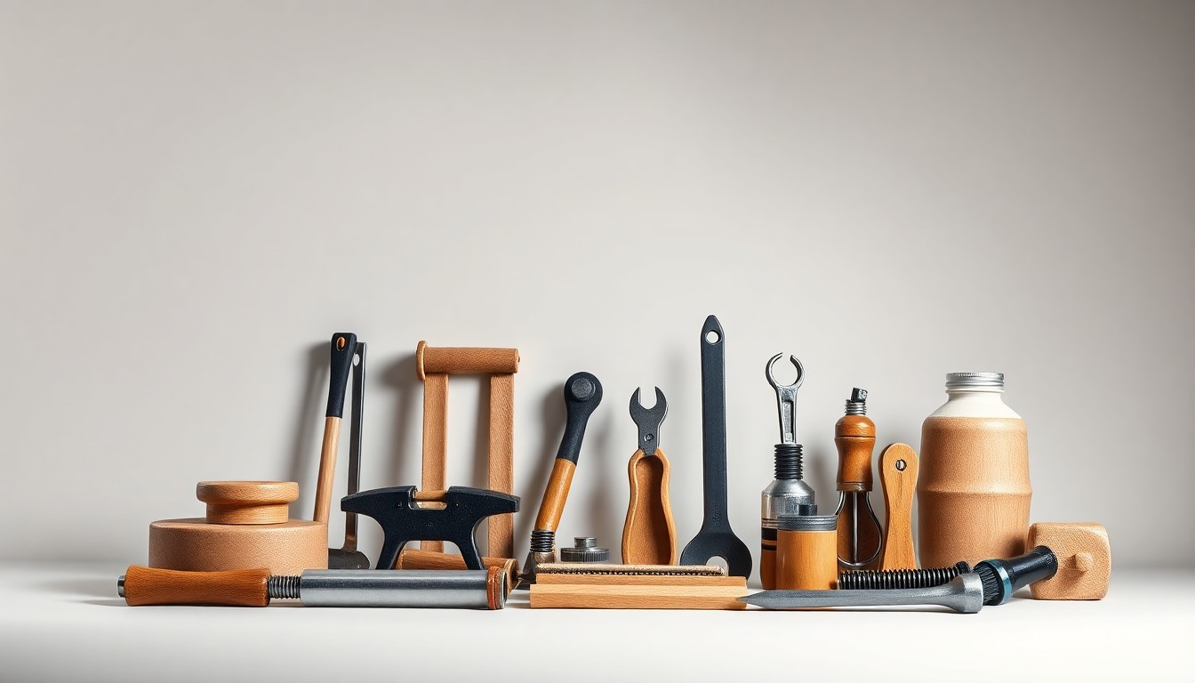 A high-end studio still life photograph featuring a selection of polished hardware tools and home goods arranged elegantly on a clean, monochromatic background, conceptually representing the practical yet stylish offerings of the new Ace Hardware store in Bridgman.