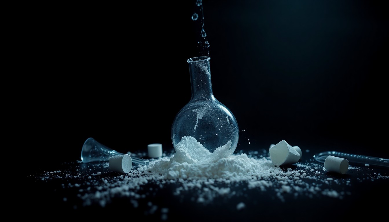 An extreme close-up photograph of broken glass laboratory equipment and scattered white powder, conceptually representing the discovery of an illegal meth lab.