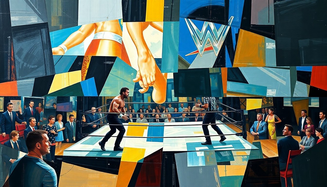 A cubist, geometric painting depicting a chaotic wrestling match, with overlapping planes of color and shape representing the intensity of the competition.