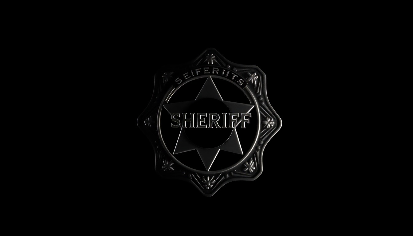 An extreme close-up photograph of a shiny metal sheriff's badge reflecting a bright flash of light, conveying the serious and investigative nature of law enforcement.