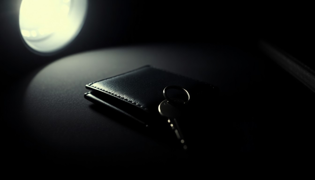 An extreme close-up photograph of a single, unidentified personal item found at the crime scene, such as a wallet, keys, or piece of clothing, lit by a harsh, direct camera flash against a pitch-black background, conceptually illustrating the investigation into an unattended death.