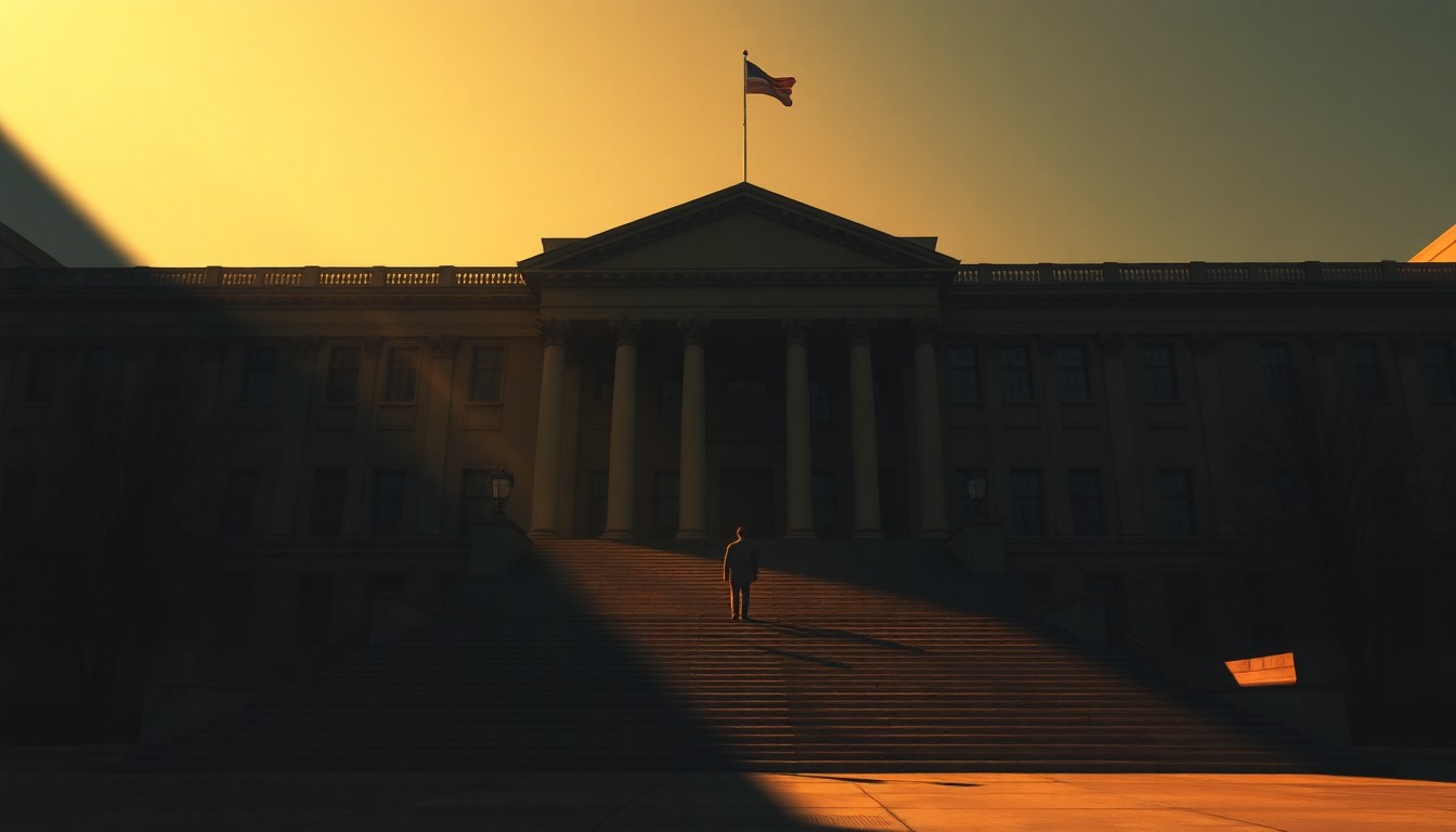 A cinematic painting of a government building in Manhattan, with a lone figure standing on the steps and the structure bathed in warm, diagonal sunlight and deep shadows, conveying a sense of political tension.