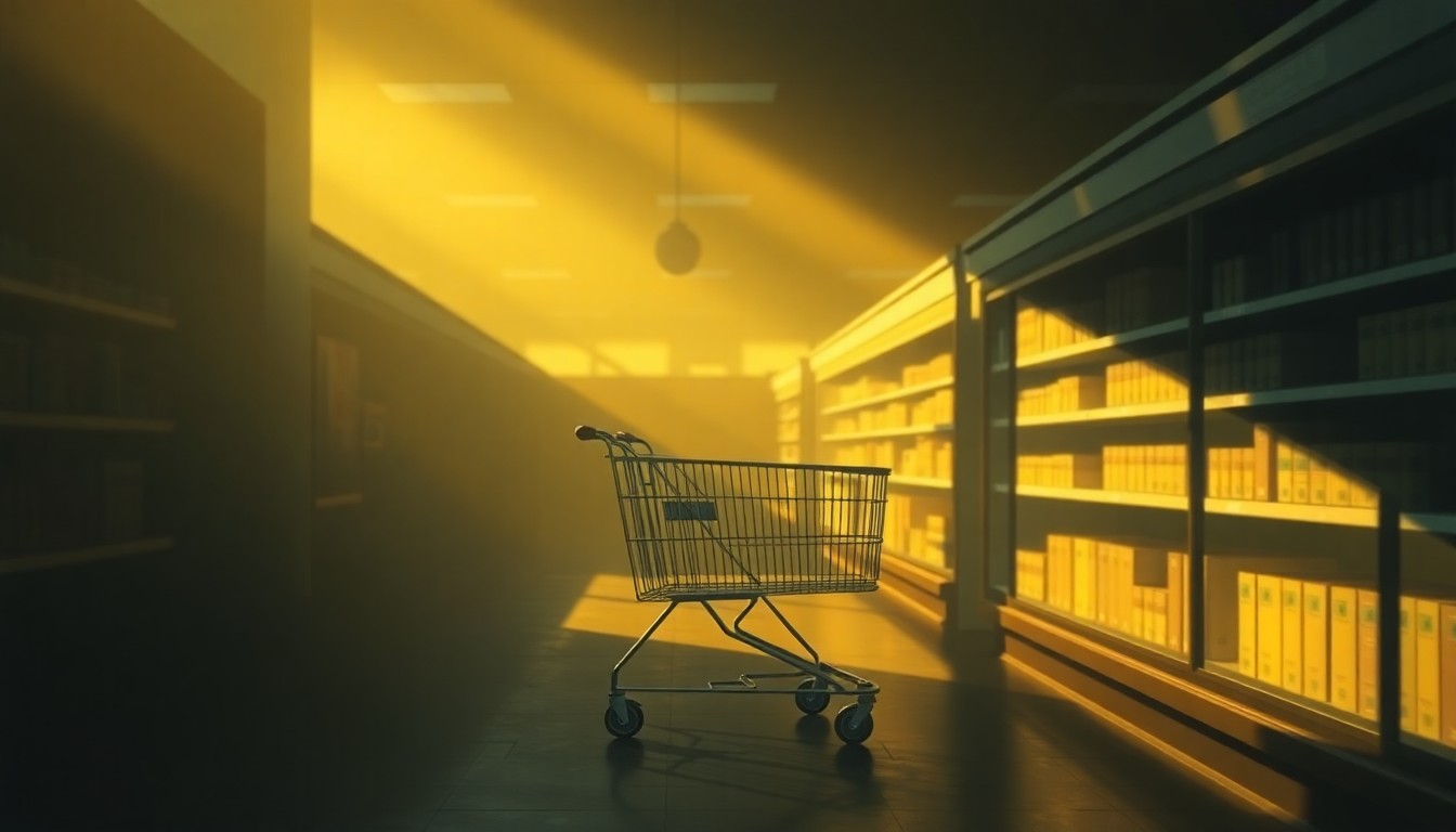 A photorealistic painting of a lone grocery cart in a dimly lit supermarket aisle, with warm, directional lighting casting deep shadows and creating a contemplative, nostalgic mood.