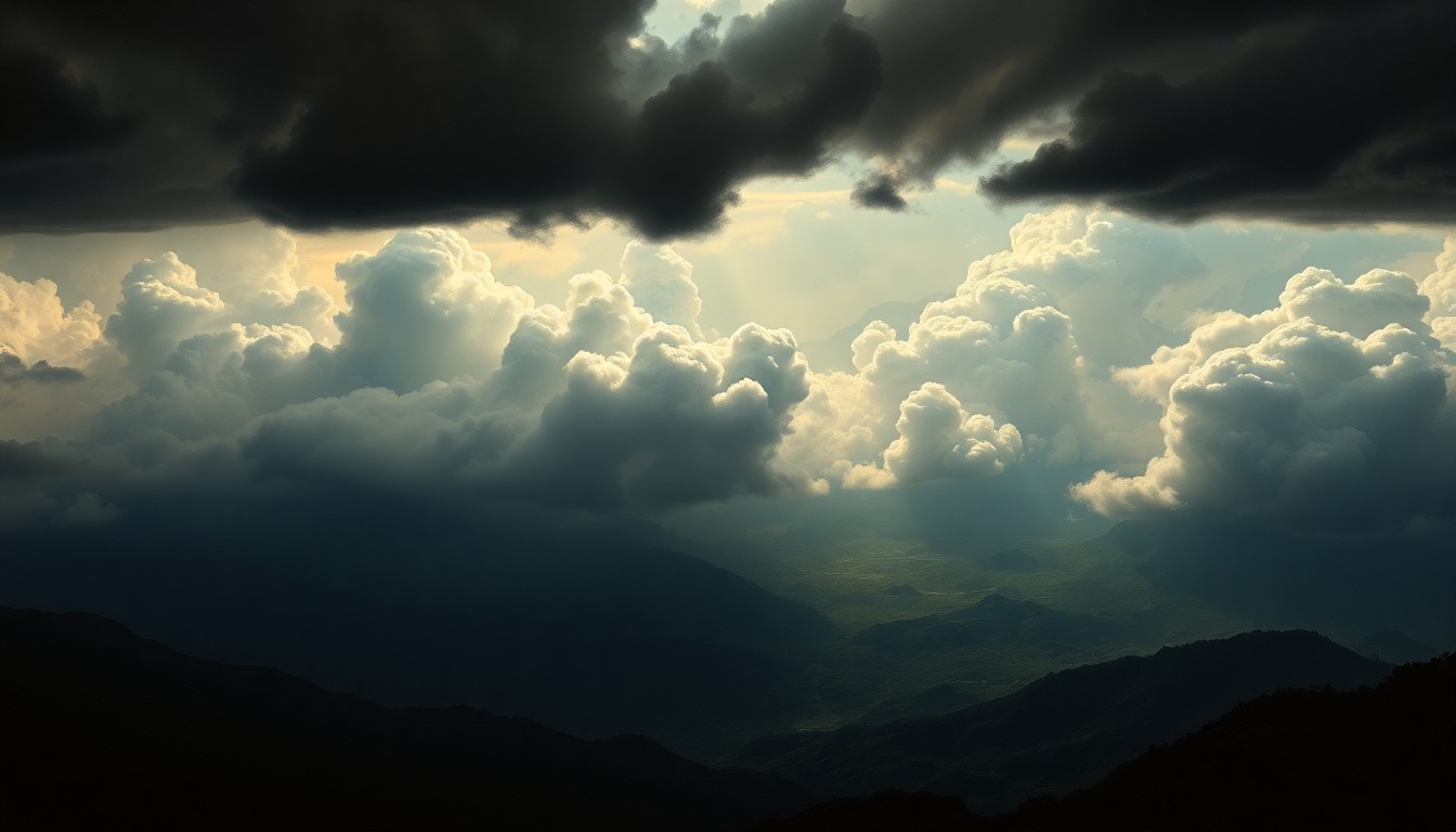 A sweeping, atmospheric landscape painting featuring dark, ominous storm clouds looming over a small coastal town, conveying the overwhelming power and scale of an approaching tropical system.
