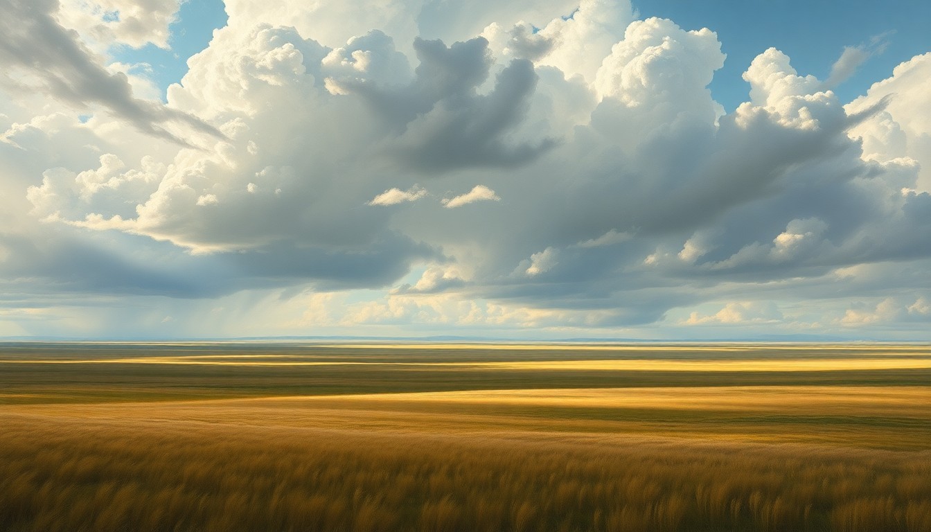 A sweeping, atmospheric landscape painting in muted tones of grey, green, and blue, capturing the overwhelming scale of the natural environment with a sense of foreboding and melancholy.