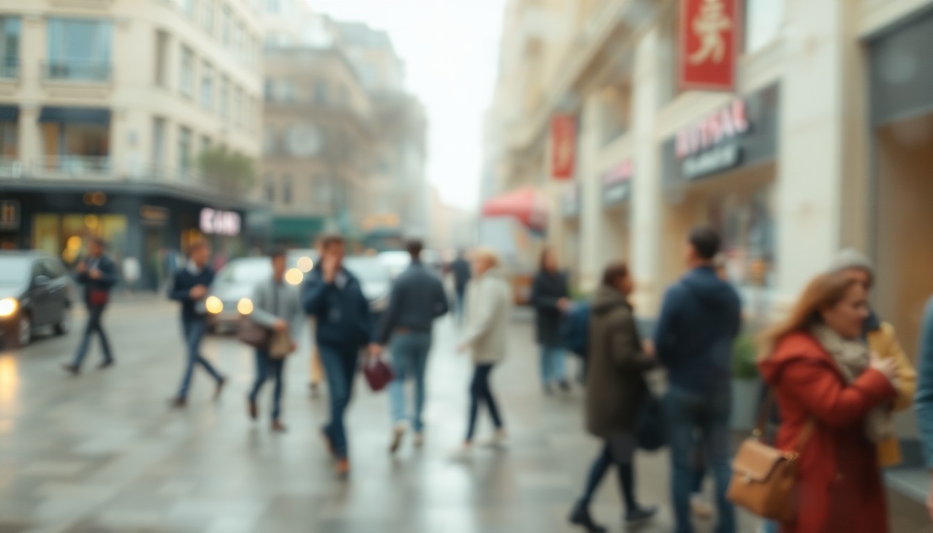 An abstract, impressionistic scene of blurred figures moving through a hazy urban environment, conveying a sense of community and connection despite the challenges of housing instability.