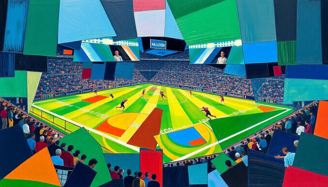 A fractured, geometric painting in bold colors depicting the dynamic movements and plays of a football game, capturing the energy and intensity of the Senior Bowl competition.