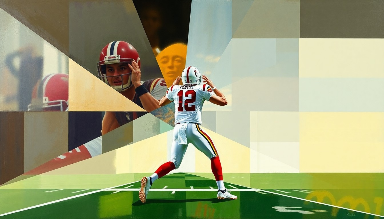 A cubist-style painting depicting a college football quarterback in the midst of a passing play, with the figure broken down into sharp, overlapping geometric shapes and planes of color.