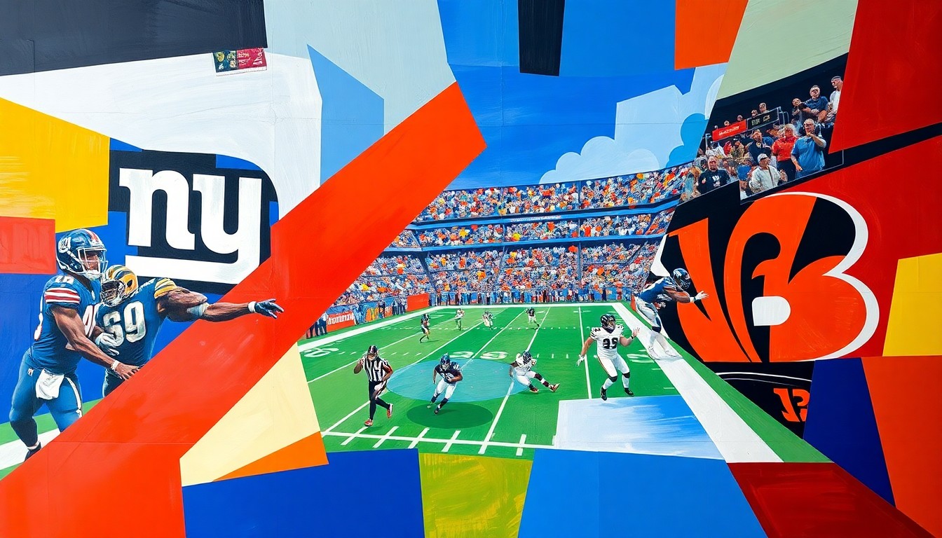 A fragmented, geometric painting depicting a football game, with sharp planes of blue, red, and yellow representing the energy and intensity of the action on the field.