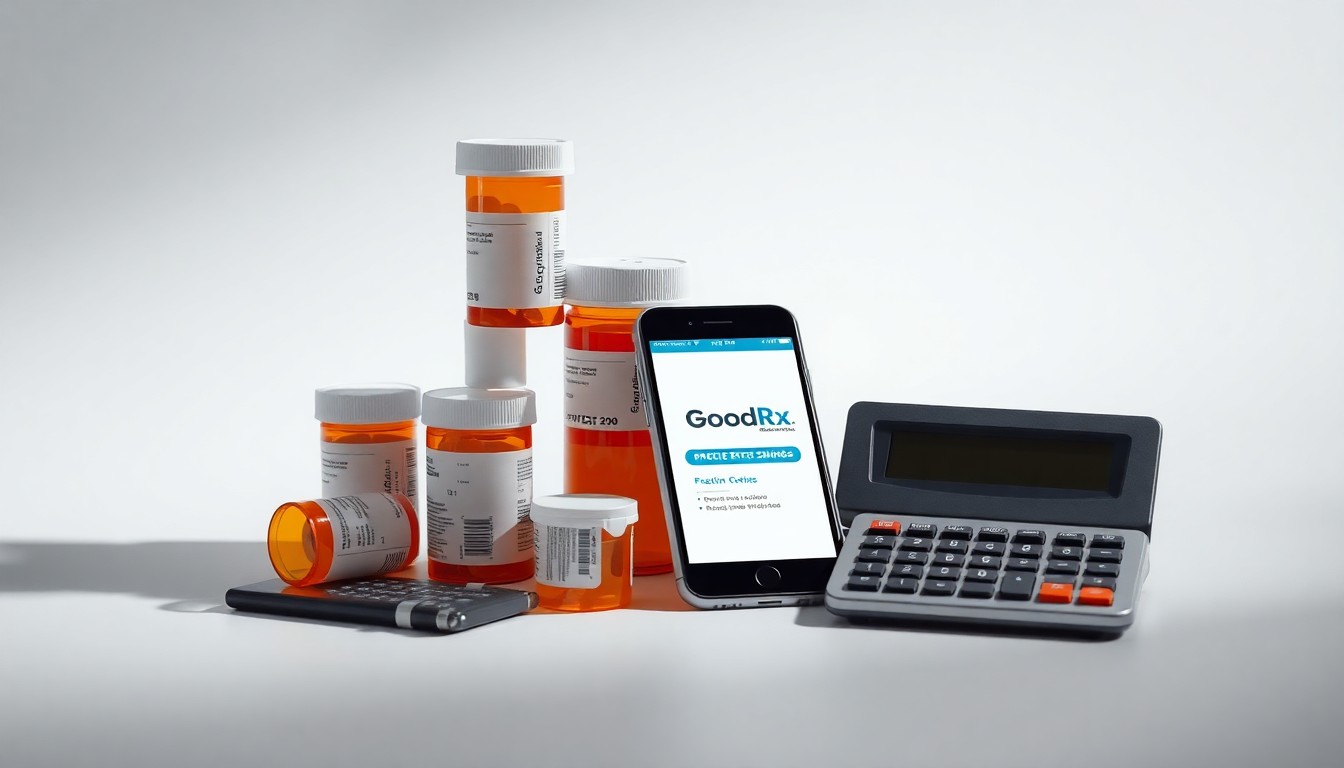 A photorealistic studio still-life photograph featuring a stack of prescription medication bottles, a smartphone displaying a GoodRx app, and a calculator, all arranged elegantly on a clean, monochromatic background, conceptually representing the abstract ideas of healthcare costs, prescription savings, and financial management.