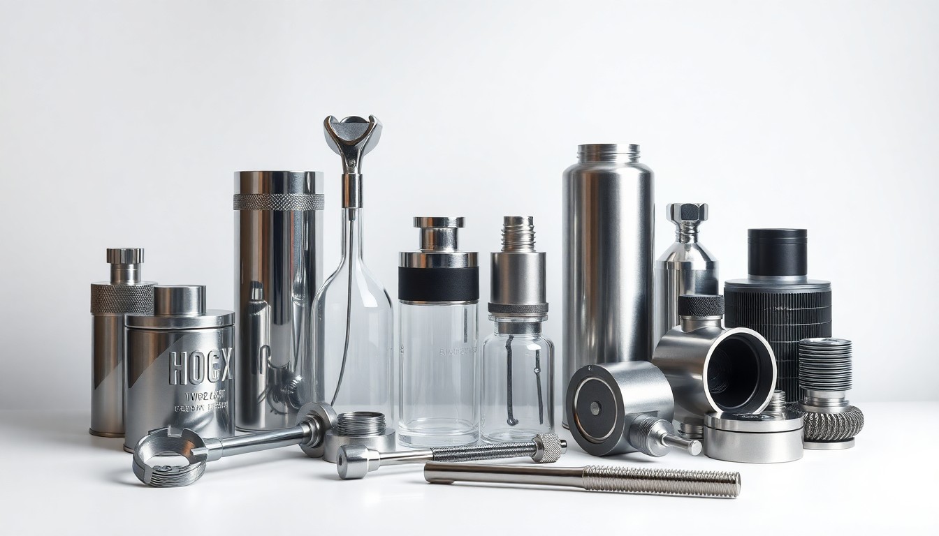 A high-end, photorealistic studio still-life featuring a composition of premium, polished metal and glass objects representing the tools and technologies of the HVAC and mechanical services industry, arranged elegantly on a clean, monochromatic background using dramatic studio lighting.