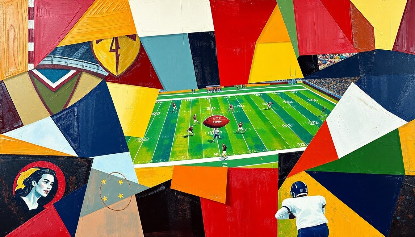 A cubist, geometric painting depicting a college football game, with sharp, overlapping planes of maroon, gold, and navy blue representing the action on the field.