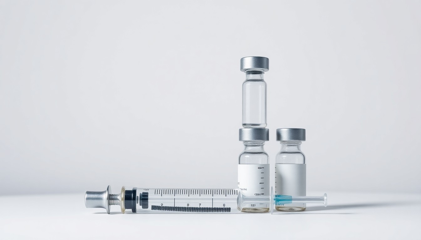 A high-end, photorealistic studio still-life photograph featuring a stack of pharmaceutical vials and syringes arranged elegantly on a clean, monochromatic background, conveying a sense of precision, innovation, and corporate strategy in the biopharmaceutical industry.