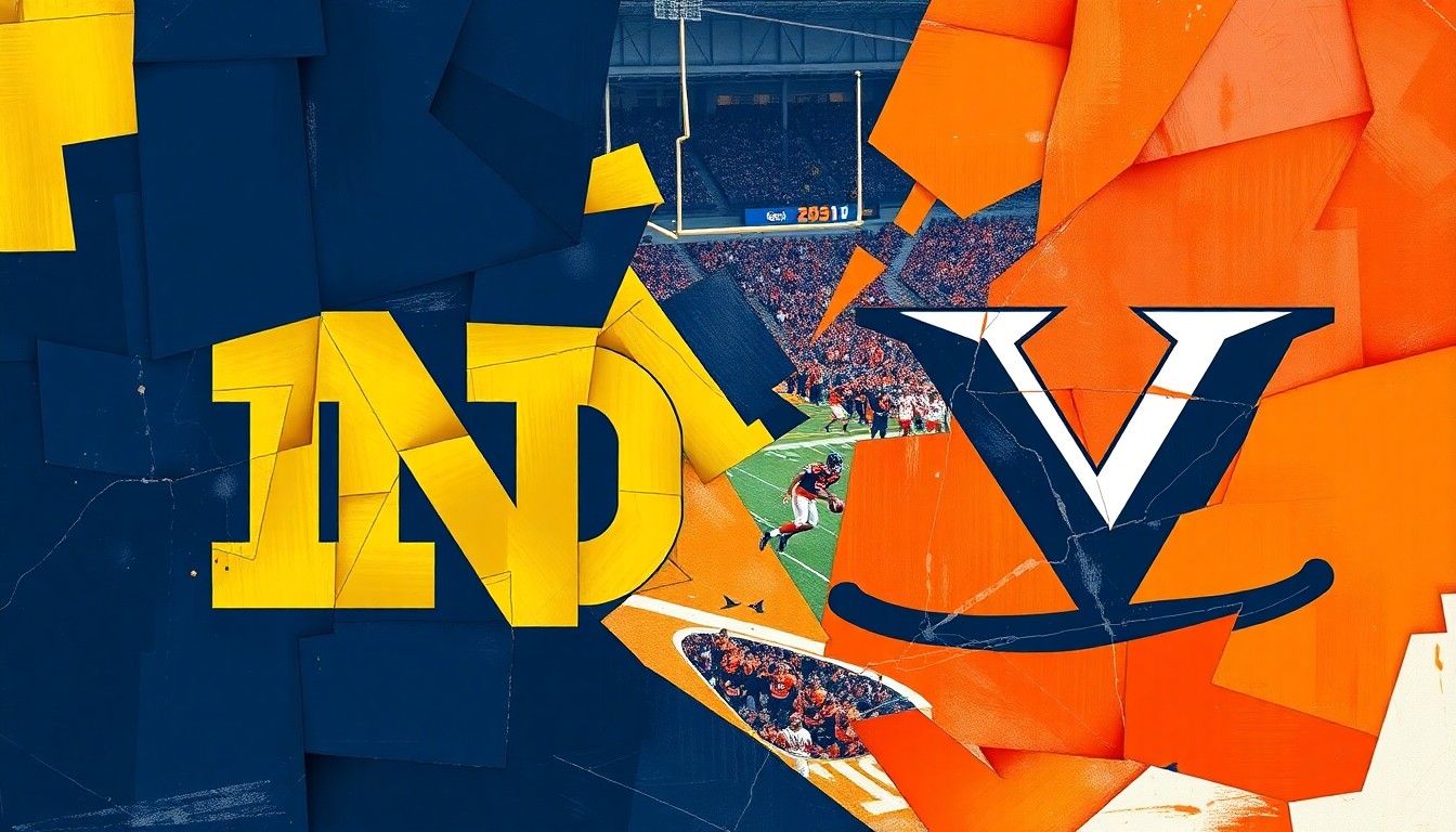 A fragmented, geometric painting depicting a college football game in progress, with sharp, overlapping planes of navy blue, gold, orange, and navy blue representing the opposing teams and the intense action on the field.