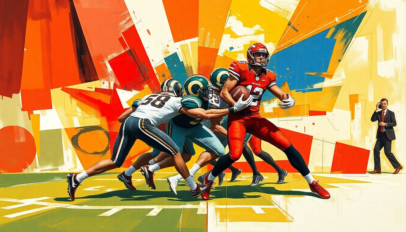A fragmented, cubist-style painting depicting a Colorado State Rams defensive play, with sharp geometric shapes and planes representing the intense action on the field.