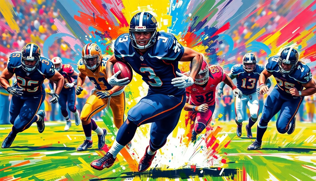 An abstract, expressionist painting in vibrant neon colors depicting the powerful running movements of a football player, conveying the raw energy and intensity of the game.