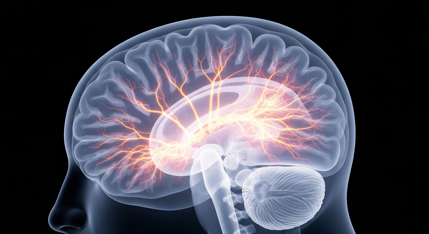 A highly detailed, ghostly X-ray image revealing the complex internal structure of the human brain, with glowing neural pathways and blood vessels, conceptually illustrating the importance of preventing ischemic stroke.