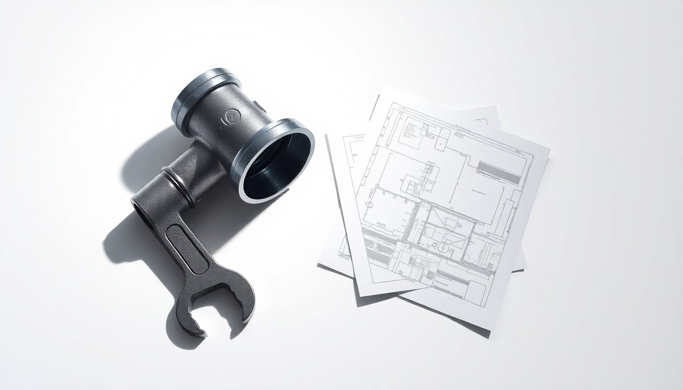 A high-end studio still life photograph featuring polished metal plumbing fittings, a wrench, and a blueprint document floating on a clean white background, conceptually representing the abstract legal and financial complexities behind municipal infrastructure projects.