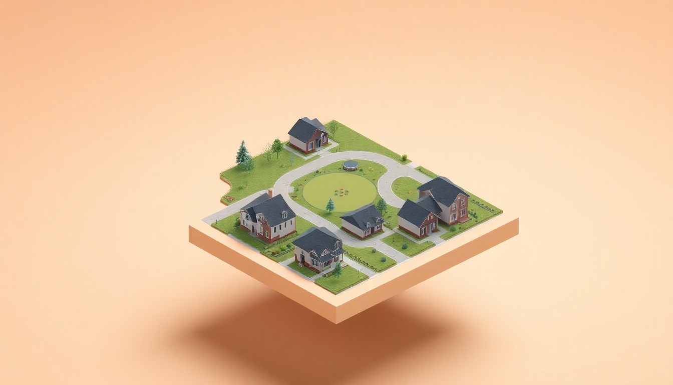 A miniature, stylized 3D illustration of a neighborhood with single-family homes, a park, and walking paths, conceptually representing the new KB Home community in Caldwell, Idaho.