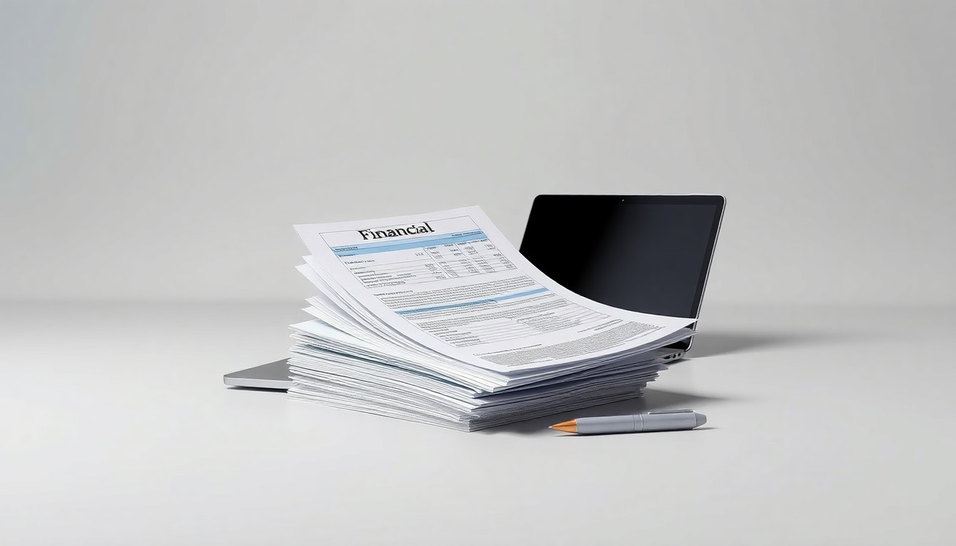 A minimalist studio still life photograph featuring a stack of financial documents, a laptop, and a pen arranged elegantly on a clean grey background, conceptually representing the operational and reporting challenges facing a biotech company.