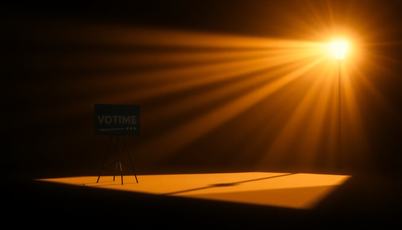A dimly lit, cinematic painting of a simple political campaign sign or podium, its edges softened by warm, golden light and deep shadows, conveying a sense of thoughtful contemplation about the significance of local elections.