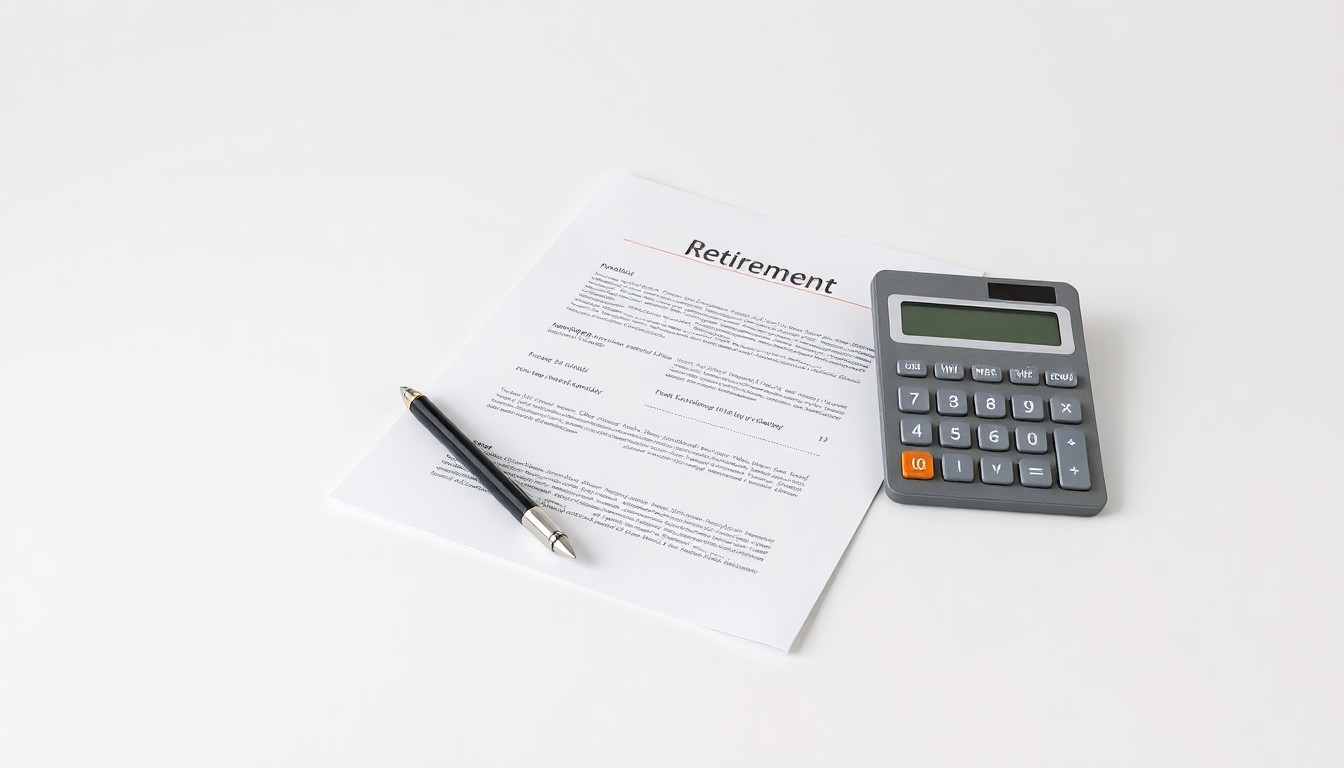 A photorealistic studio still life featuring a stack of financial documents, a pen, and a calculator arranged elegantly on a clean, monochromatic background, conceptually representing the abstract ideas of retirement planning and wealth management.