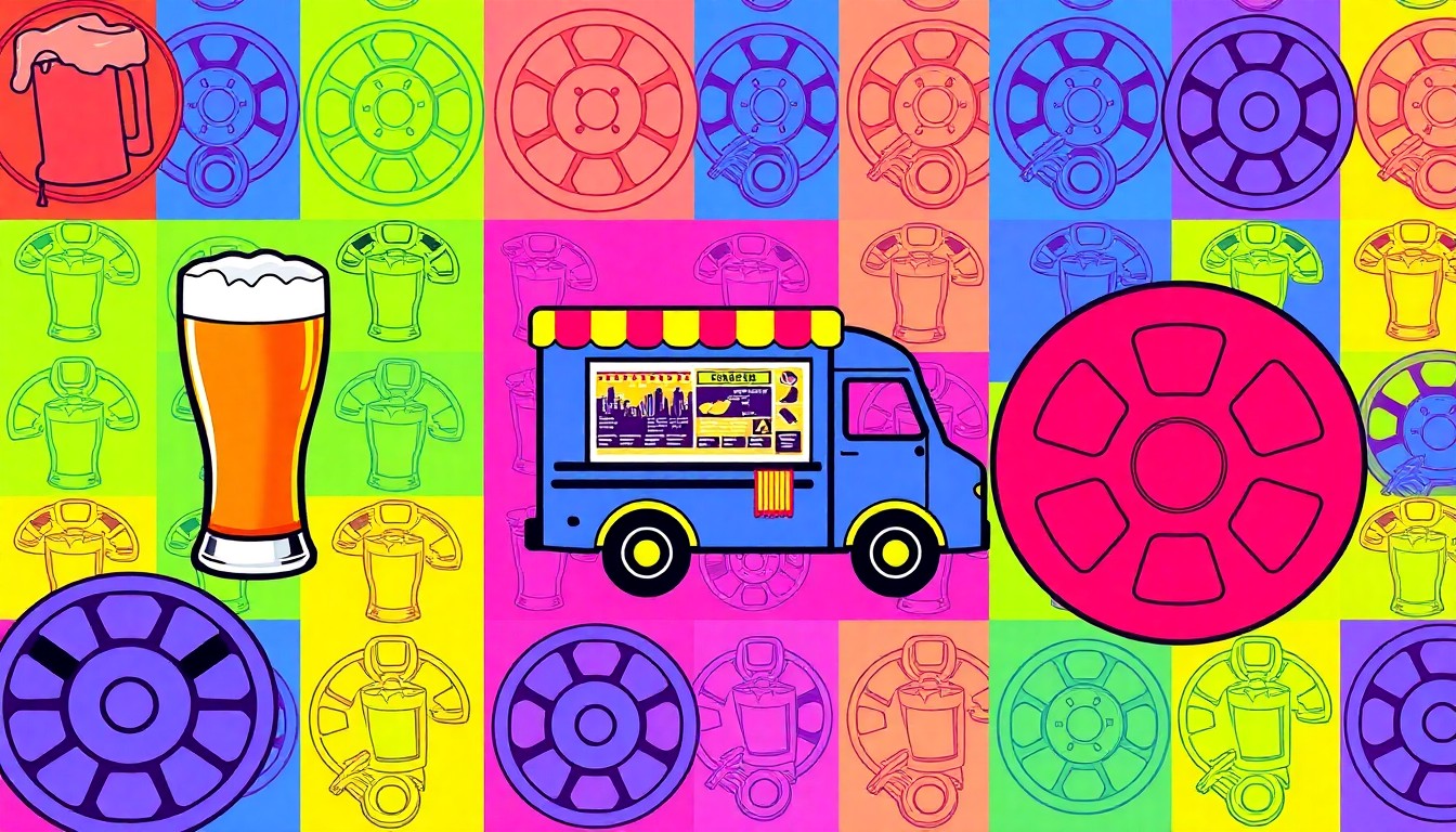 A vibrant, high-contrast silkscreen illustration featuring repeating icons of a beer glass, food truck, and film reel in a grid pattern, conceptually representing the community-focused activities at Pontoon Brewing's weekly event.