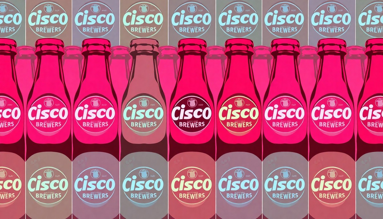 A brightly colored, high-contrast silkscreen print of an iconic Cisco Brewers beer bottle, repeated in a tight grid pattern in vibrant neon colors and heavy black outlines, conceptually representing the pop art energy of the outdoor brewery's seasonal return to Boston.