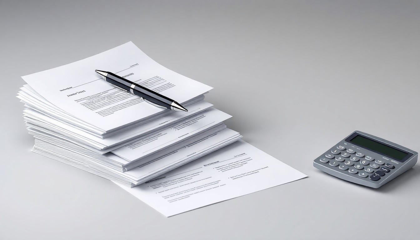 A minimalist studio still life featuring a stack of financial documents, a pen, and a calculator on a clean, monochromatic background, symbolizing the corporate governance and financial reporting processes of a regional bank.