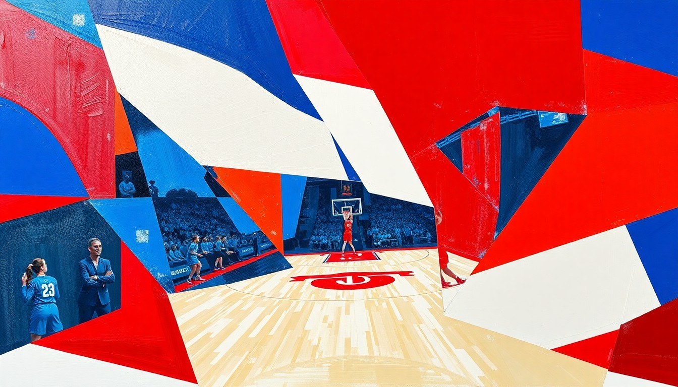 A cubist-style painting featuring fragmented geometric shapes in shades of blue, red, and white, conceptually representing the dynamic movement and energy of a women's basketball game.