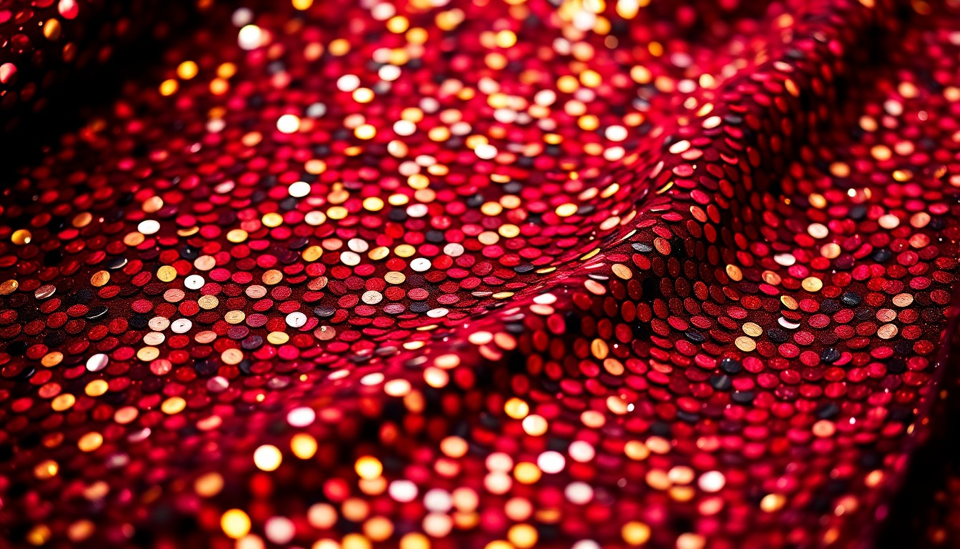 An extreme close-up photograph of a shimmering, sequined fabric in deep burgundy, gold, and black hues, creating a high-contrast, abstract, and glamorous visual texture.