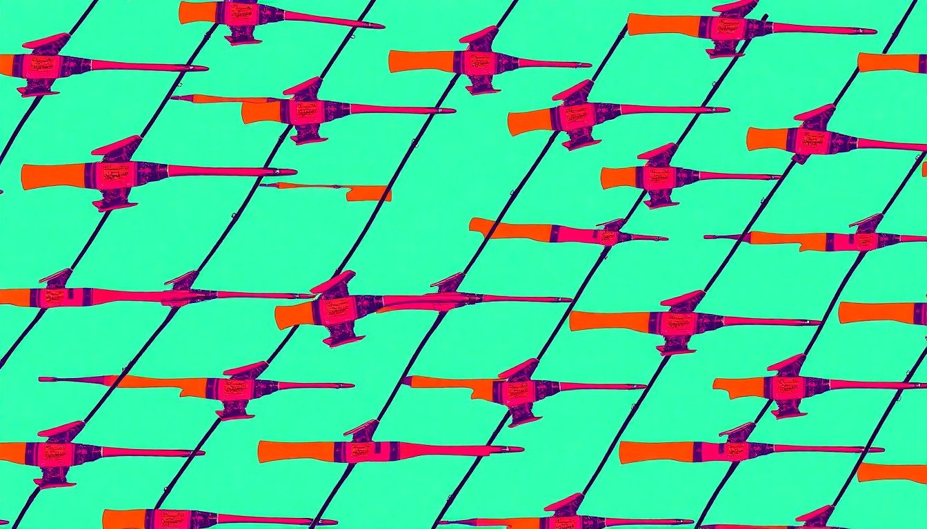 A brightly colored, high-contrast silkscreen print of a fishing rod and reel repeated in a tight grid pattern, representing the iconic equipment used by anglers on the Salmon River. The image utilizes flat, vibrant, and unnatural neon color palettes overlapping with heavy black photographic outlines to turn a common fishing tool into modern pop art.