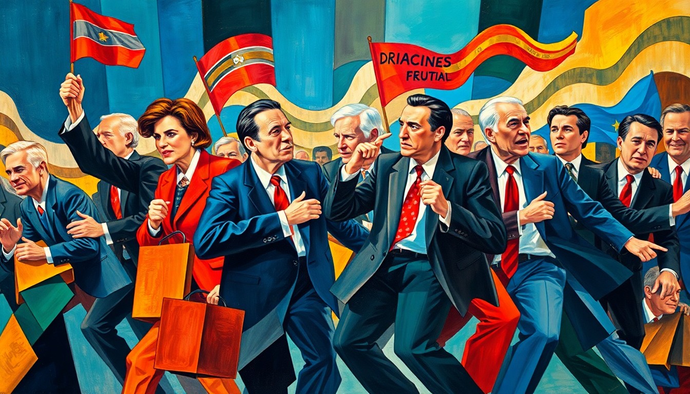 A dynamic, abstract painting featuring overlapping geometric shapes and waves of vibrant colors, conceptually representing the competitive and uncertain landscape of the 2028 Democratic presidential primary.
