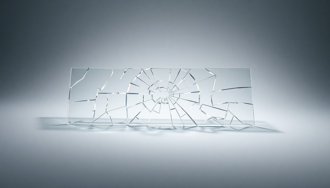 A photorealistic studio still-life image featuring a shattered glass panel lying on a clean, monochromatic background, with dramatic lighting creating deep shadows and a sense of fragility.