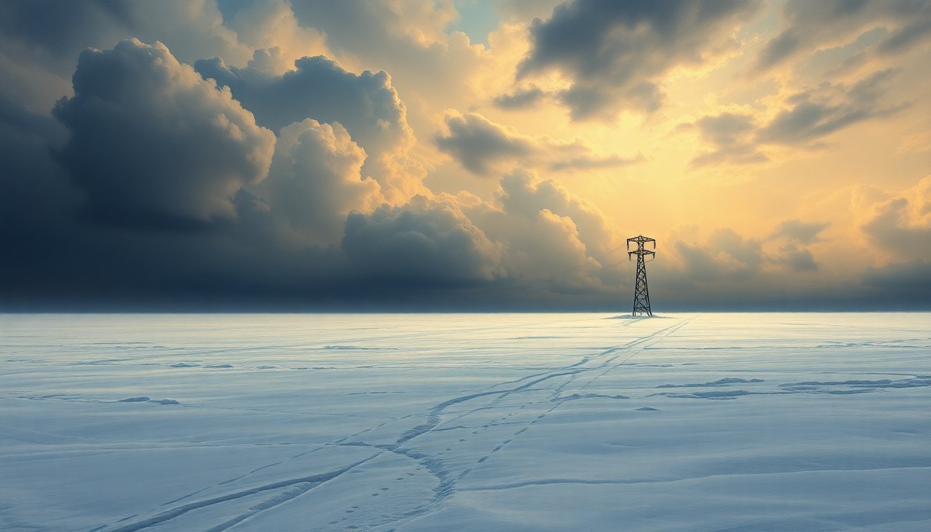 A vast, frozen landscape painting in muted tones of gray, white, and blue, with a lone power line pole or transformer barely visible in the distance, dwarfed by the overwhelming scale of the natural scene, conceptually representing the impact of a major winter storm on a utility's infrastructure.